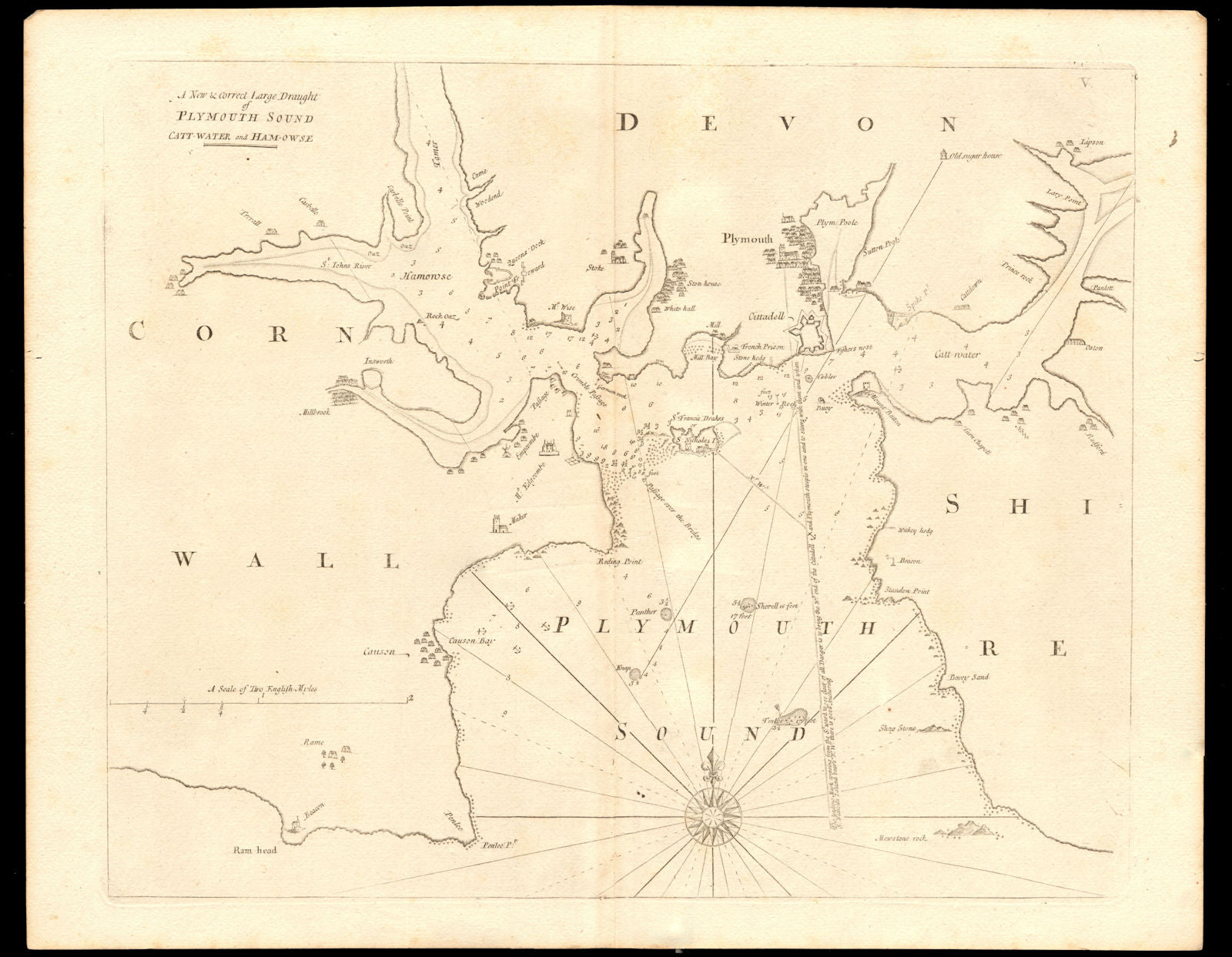 PLYMOUTH SOUND, Cattewater & Hamoaze sea chart by Capt G. COLLINS c1774 map